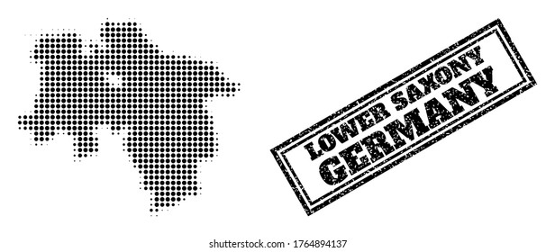 Halftone map of Lower Saxony State, and dirty seal stamp. Halftone map of Lower Saxony State made with small black spheric elements. Vector seal with grunge style, double framed rectangle,