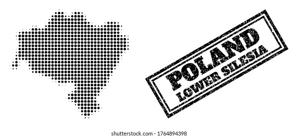 Halftone map of Lower Silesia Province, and unclean seal stamp. Halftone map of Lower Silesia Province constructed with small black spheric points. Vector seal with unclean style,