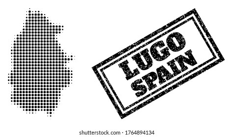 Halftone map of Lugo Province, and unclean seal stamp. Halftone map of Lugo Province made with small black circle points. Vector seal with scratched style, double framed rectangle, in black color.