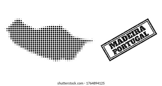 Halftone map of Madeira Island, and rubber seal stamp. Halftone map of Madeira Island made with small black spheric elements. Vector seal with unclean style, double framed rectangle, in black color.