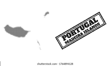 Halftone map of Madeira Islands, and unclean seal stamp. Halftone map of Madeira Islands designed with small black spheric points. Vector seal with corroded style, double framed rectangle,