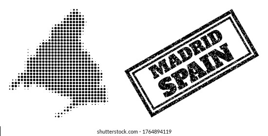 Mapa de semitono de la provincia de Madrid, y sello de sello de sellado grunge. Mapa de semitono de la provincia de Madrid construido con pequeños píxeles de círculo negro. Sello vectorial con estilo rayado, rectángulo doble enmarcado,