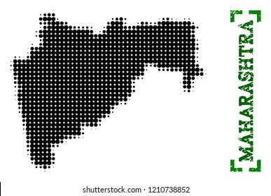 Halftone map of Maharashtra State and rubber caption. Vector green title with corners and unclean rubber texture. Halftone map of Maharashtra State designed with black pattern of circles.