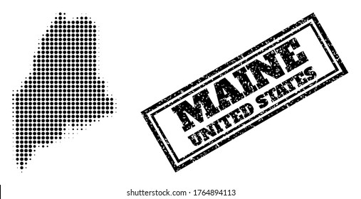 Halftone Karte des Maine State und grunge Siegel Stempel. Halftone Karte des Maine State erzeugt mit kleinen schwarzen runden Elementen. Vektordichtung mit unscharfem Stil, doppelgerahmtes Rechteck, in schwarzer Farbe.