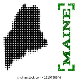 Halftone map of Maine State and rubber caption. Vector green title with corners and corroded rubber texture. Halftone map of Maine State constructed with black pattern of circles.