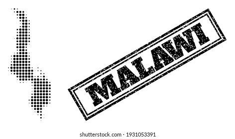 Halftone Karte von Malawi und Grunge-Siegel-Stempel. Halftone Karte von Malawi erzeugt mit kleinen schwarzen runden Punkten. Vektorwasserzeichen mit Grunge-Stil, doppelgerahmtes Rechteck, in schwarzer Farbe.