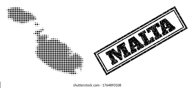 Halftone map of Malta, and dirty seal stamp. Halftone map of Malta designed with small black spheric items. Vector seal with unclean style, double framed rectangle, in black color.