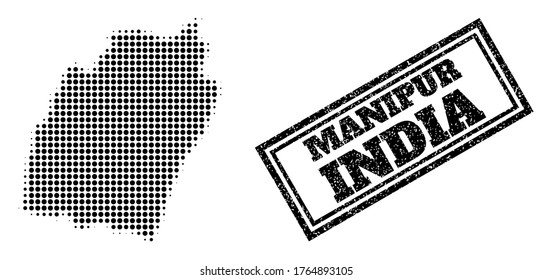 Halftone map of Manipur State, and rubber watermark. Halftone map of Manipur State constructed with small black round elements. Vector watermark with distress style, double framed rectangle,