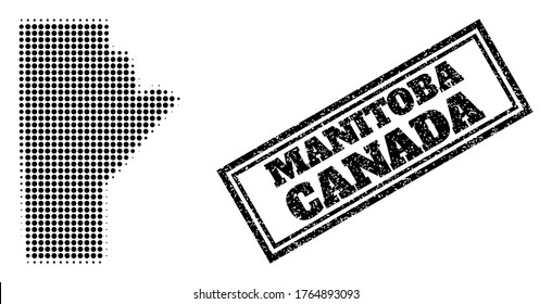 Halftone map of Manitoba Province, and unclean seal. Halftone map of Manitoba Province designed with small black round dots. Vector seal with distress style, double framed rectangle, in black color.