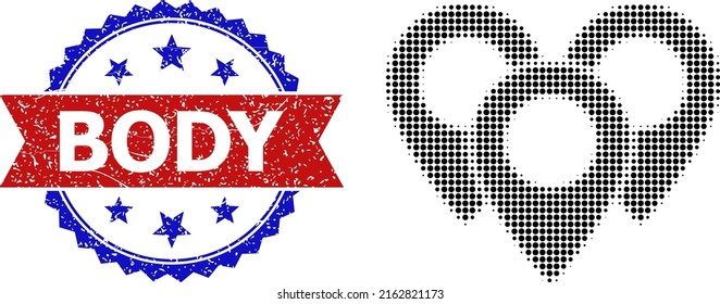 Halftone map markers icon, and bicolor unclean Body seal stamp. Halftone map markers icon is generated with small circle dots. Vector seal with scratched bicolored style,