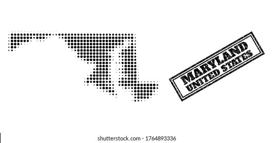 Halftone map of Maryland State, and scratched watermark. Halftone map of Maryland State made with small black round items. Vector watermark with retro style, double framed rectangle, in black color.