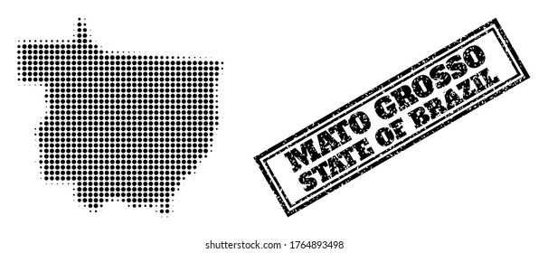 Halftone Karte von Mato Grosso Staat, und gekratzte Robbe. Halftone Karte des Mato Grosso-Staates erzeugt mit kleinen schwarzen Kreispunkten. Vektordichtung mit Stressstil, doppelgerahmtes Rechteck,