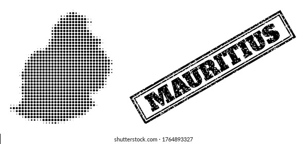 Halftone map of Mauritius Island, and textured seal. Halftone map of Mauritius Island designed with small black circle points. Vector seal with corroded style, double framed rectangle, in black color.