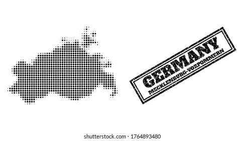 Halftone map of Mecklenburg-Vorpommern State, and scratched stamp. Halftone map of Mecklenburg-Vorpommern State made with small black circle items. Vector imprint with scratched style,
