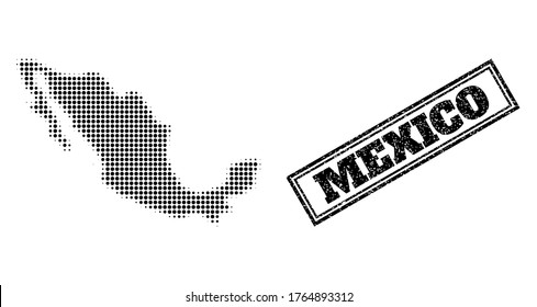 Halftone map of Mexico, and unclean watermark. Halftone map of Mexico designed with small black circle pixels. Vector watermark with corroded style, double framed rectangle, in black color.