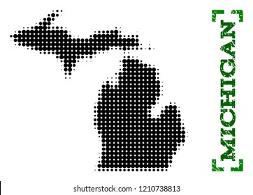 Halftone map of Michigan State and rubber caption. Vector green title with corners and retro rubber texture. Halftone map of Michigan State designed with black pattern of circles.