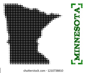 Halftone map of Minnesota State and rubber caption. Vector green title with corners and grunge rubber texture. Halftone map of Minnesota State constructed with black pattern of circles.