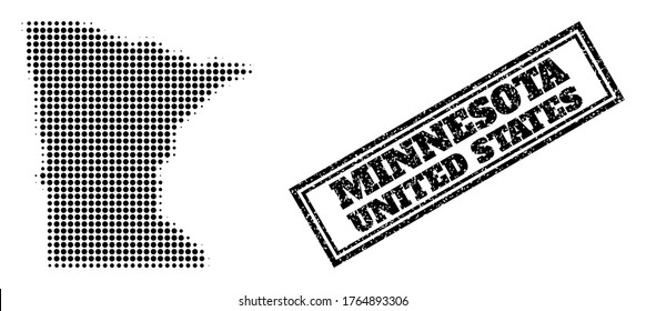 Halftone map of Minnesota State, and unclean seal. Halftone map of Minnesota State made with small black spheric pixels. Vector imprint with unclean style, double framed rectangle, in black color.