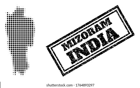 Mapa de semitono del estado de Mizoram y marca de agua de caucho. Mapa de semitono del estado de Mizoram diseñado con pequeños puntos redondos negros. Marca de agua vectorial con estilo corroído, rectángulo doble enmarcado, en color negro.