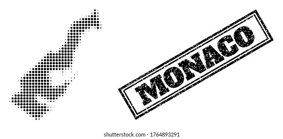 Halftone map of Monaco, and textured watermark. Halftone map of Monaco generated with small black round elements. Vector watermark with scratched style, double framed rectangle, in black color.