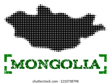 Halftone map of Mongolia and unclean caption. Vector green title with corners and unclean rubber texture. Halftone map of Mongolia constructed with black pattern of circles.