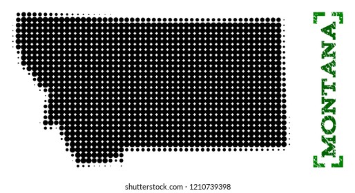 Halftone map of Montana State and rubber caption. Vector green title with corners and corroded rubber texture. Halftone map of Montana State constructed with black pattern of circles.