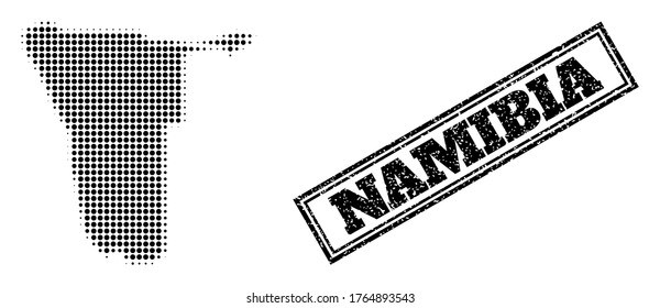 Halftone map of Namibia, and dirty seal. Halftone map of Namibia generated with small black circle points. Vector seal with unclean style, double framed rectangle, in black color.