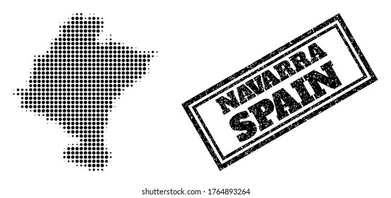 Halftone Karte der Provinz Navarra, und Gummi Wasserzeichen. Halftone Karte der Provinz Navarra entworfen mit kleinen schwarzen runden Pixel. Vektorwasserzeichen mit Notformat, doppelgerahmtes Rechteck,