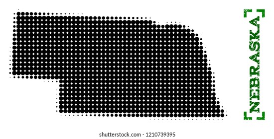 Halftone map of Nebraska State and grunge caption. Vector green title with corners and grunge rubber texture. Halftone map of Nebraska State designed with black pattern of circles.