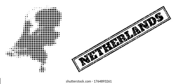 Halftone map of Netherlands, and rubber seal. Halftone map of Netherlands made with small black spheric elements. Vector seal with retro style, double framed rectangle, in black color.