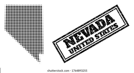 Halftone map of Nevada State, and unclean watermark. Halftone map of Nevada State constructed with small black circle items. Vector watermark with scratched style, double framed rectangle,