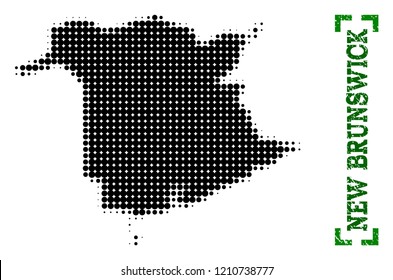Halftone map of New Brunswick Province and corroded caption. Vector green title with corners and corroded rubber texture. Halftone map of New Brunswick Province designed with black pattern of circles.