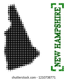 Halftone map of New Hampshire State and rubber caption. Vector green title with corners and retro rubber texture. Halftone map of New Hampshire State designed with black pattern of circles.