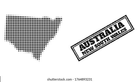 Halftone map of New South Wales, and scratched watermark. Halftone map of New South Wales constructed with small black circle pixels. Vector watermark with unclean style, double framed rectangle,