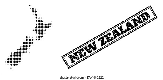 Halftone map of New Zealand, and rubber seal. Halftone map of New Zealand generated with small black spheric dots. Vector seal with scratched style, double framed rectangle, in black color.