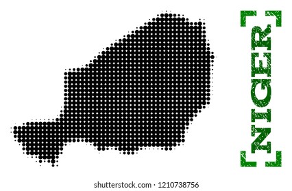 Halftone map of Niger and rubber caption. Vector green title with corners and distress rubber texture. Halftone map of Niger constructed with black pattern of circles.