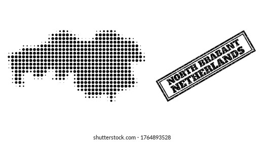 Halftone map of North Brabant Province, and unclean seal stamp. Halftone map of North Brabant Province generated with small black round elements. Vector seal with unclean style,