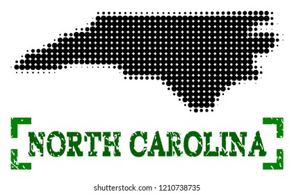 Halftone map of North Carolina State and rubber caption. Vector green title with corners and corroded rubber texture. Halftone map of North Carolina State designed with black pattern of circles.