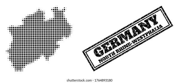 Halftone map of North Rhine-Westphalia State, and grunge seal stamp. Halftone map of North Rhine-Westphalia State designed with small black circle items. Vector seal with corroded style,