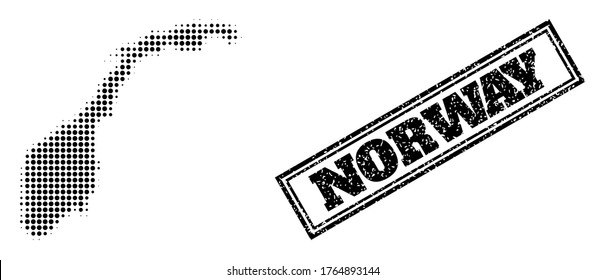 Halftone map of Norway, and scratched seal stamp. Halftone map of Norway made with small black spheric items. Vector seal with retro style, double framed rectangle, in black color.