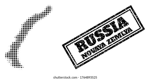 Halftone map of Novaya Zemlya Islands, and unclean stamp. Halftone map of Novaya Zemlya Islands generated with small black round dots. Vector watermark with unclean style, double framed rectangle,