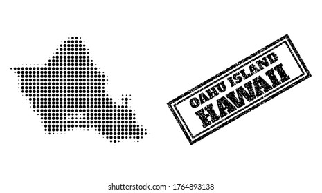 Halftone map of Oahu Island, and textured seal. Halftone map of Oahu Island constructed with small black circle dots. Vector seal with corroded style, double framed rectangle, in black color.