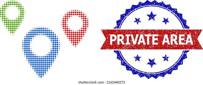 Halftone map objects icon, and bicolor rubber Private Area seal stamp. Halftone map objects icon is made with small circle items. Vector seal with corroded bicolored style,
