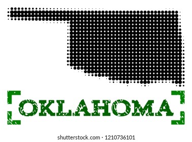 Halftone map of Oklahoma State and rubber caption. Vector green title with corners and corroded rubber texture. Halftone map of Oklahoma State constructed with black pattern of circles.