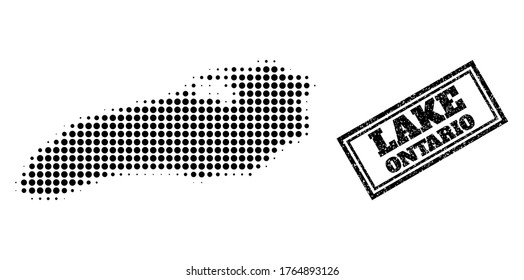 Halftone map of Ontario Lake, and unclean watermark. Halftone map of Ontario Lake made with small black spheric pixels. Vector watermark with unclean style, double framed rectangle, in black color.