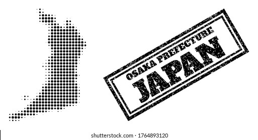 Halftone Karte der Präfektur Osaka und unscharfes Wasserzeichen. Halftone Karte von Osaka Präfektur mit kleinen schwarzen sphärischen Pixeln. Vektorwasserzeichen mit Retro-Stil, doppelgerahmtes Rechteck,