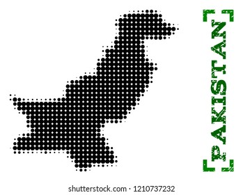 Halftone map of Pakistan and rubber caption. Vector green title with corners and retro rubber texture. Halftone map of Pakistan designed with black pattern of circles.