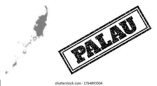 Halftone map of Palau Islands, and unclean watermark. Halftone map of Palau Islands made with small black round elements. Vector watermark with grunge style, double framed rectangle, in black color.