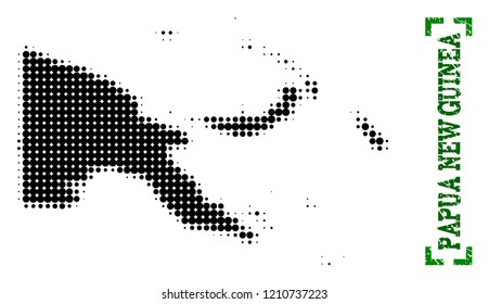 Halftone map of Papua New Guinea and rubber caption. Vector green title with corners and distress rubber texture. Halftone map of Papua New Guinea constructed with black pattern of circles.