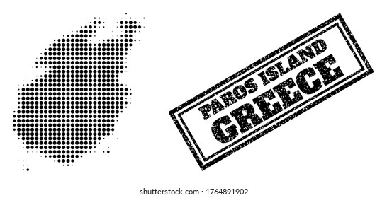 Halftone map of Paros Island, and textured seal. Halftone map of Paros Island constructed with small black round pixels. Vector seal with unclean style, double framed rectangle, in black color.